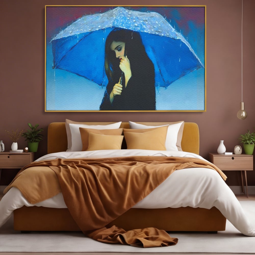 Tablou canvas cu pictura cu femeie sub umbrela albastra, in rama de aluminiu auriu, pe perete intr-un dormitor